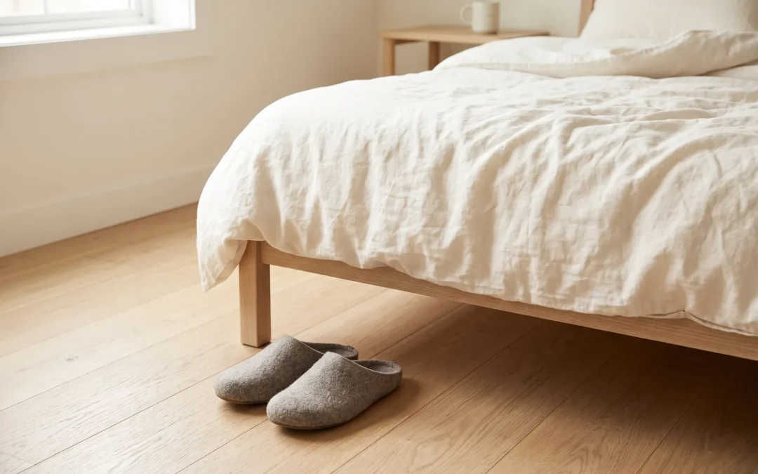 Dormitorio con luz de mañana, cama deshecha y unas zapatillas en el suelo