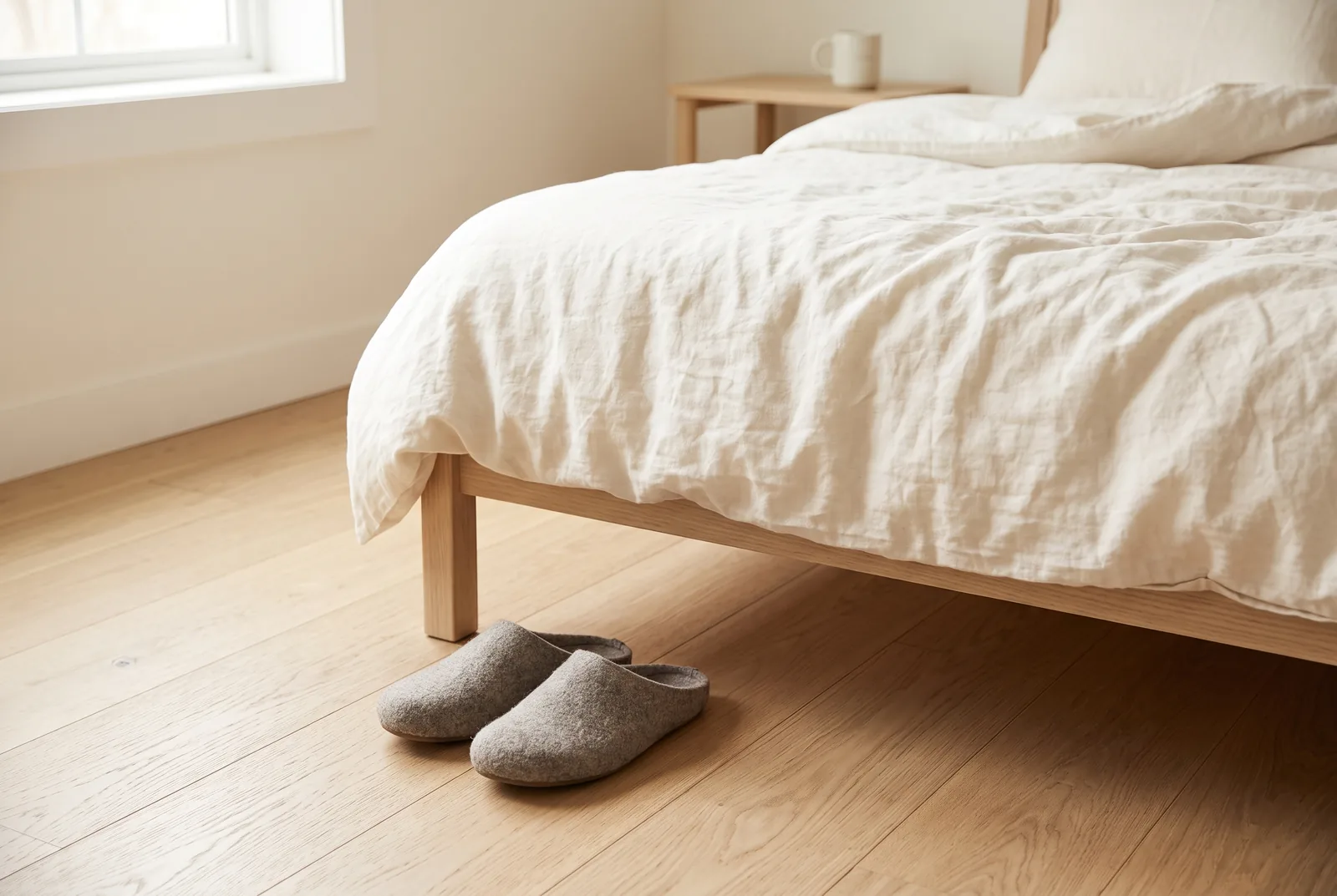 Dormitorio con luz de mañana, cama deshecha y unas zapatillas en el suelo