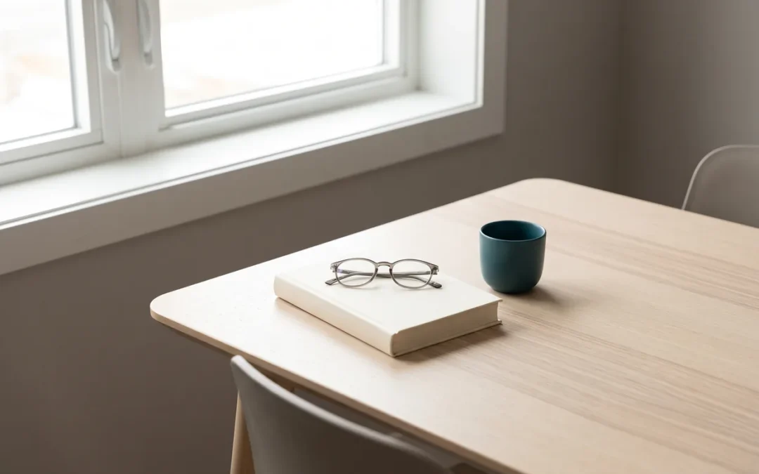 Libro cerrado con unas gafas encima, sobre una mesa de madera clara junto a una ventana