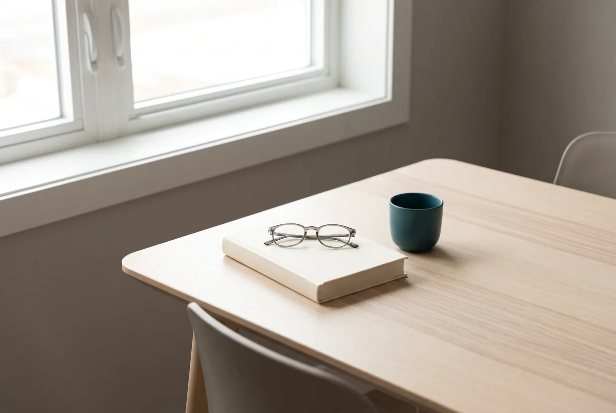 Libro cerrado con unas gafas encima, sobre una mesa de madera clara junto a una ventana